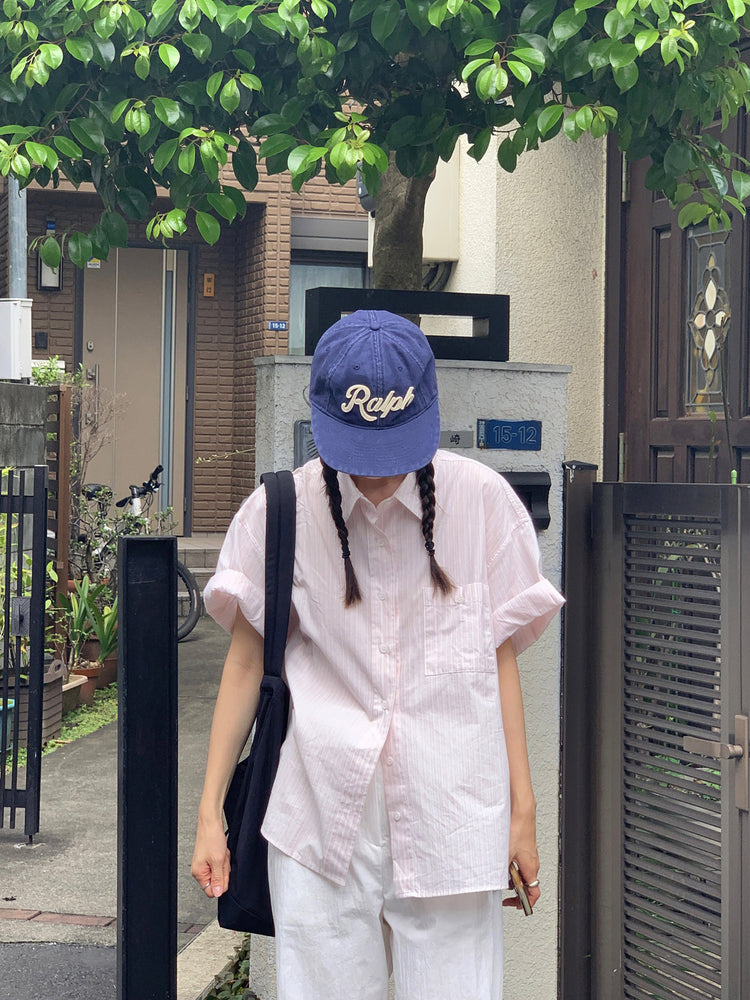 高質條紋寬鬆短袖襯衫