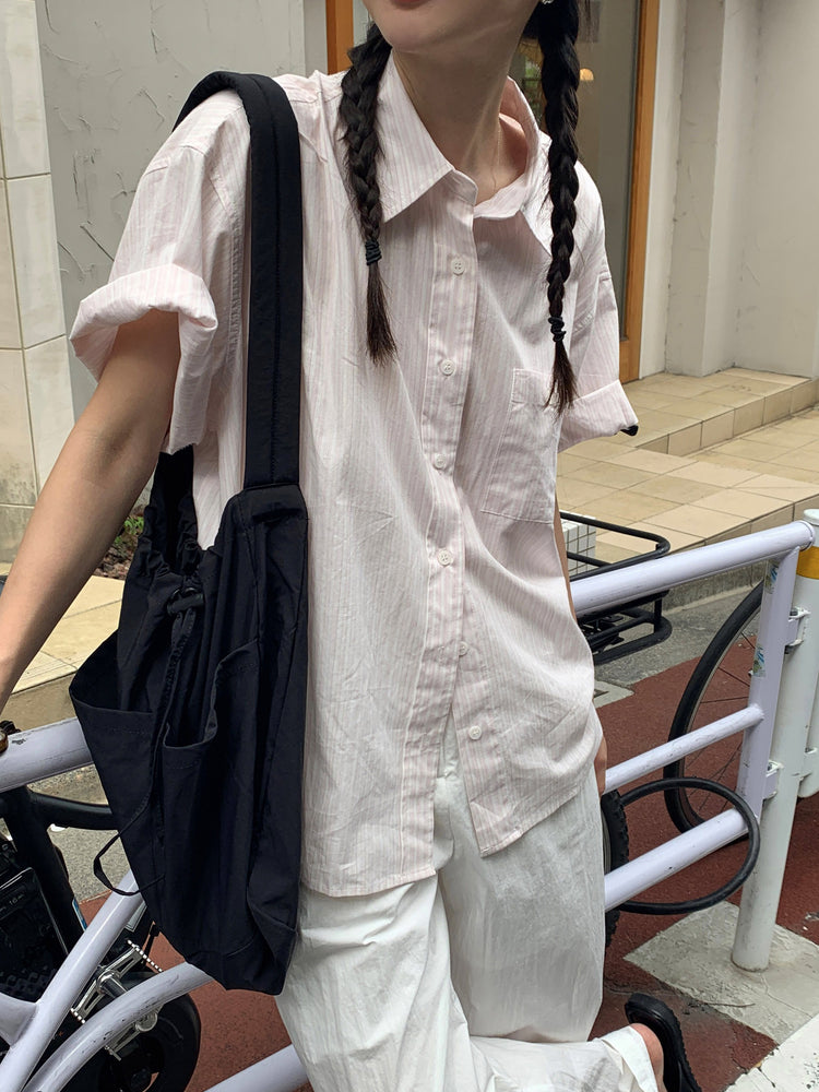 高質條紋寬鬆短袖襯衫
