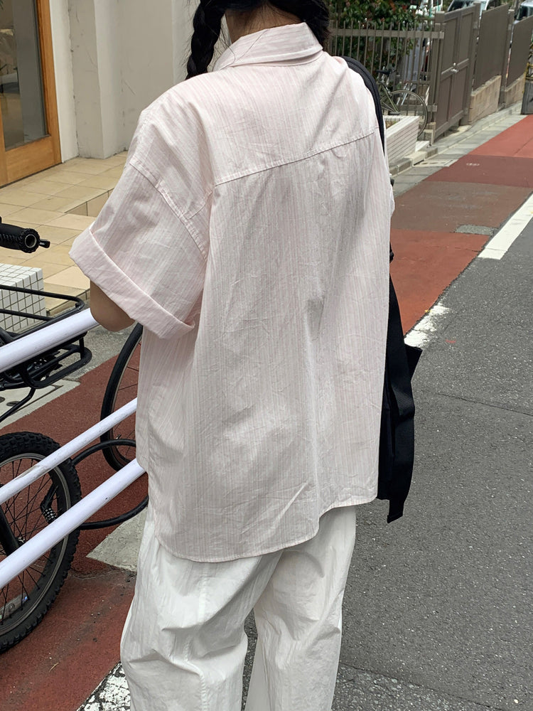 高質條紋寬鬆短袖襯衫
