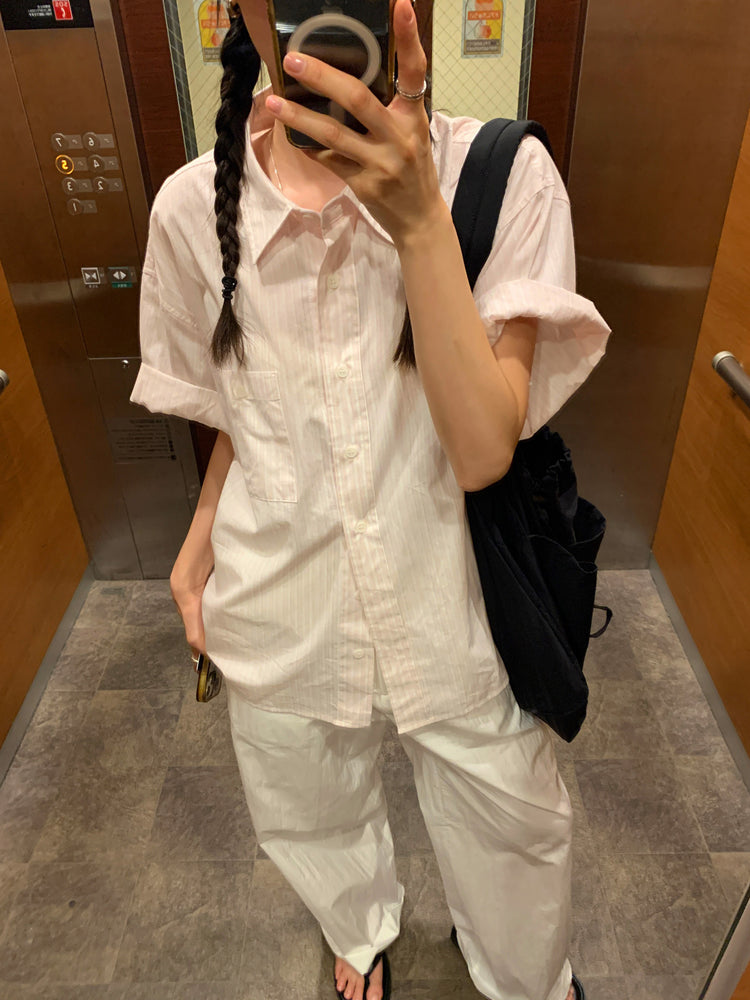 高質條紋寬鬆短袖襯衫