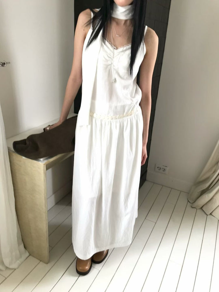 蕾絲抓皺細節綁帶連身裙