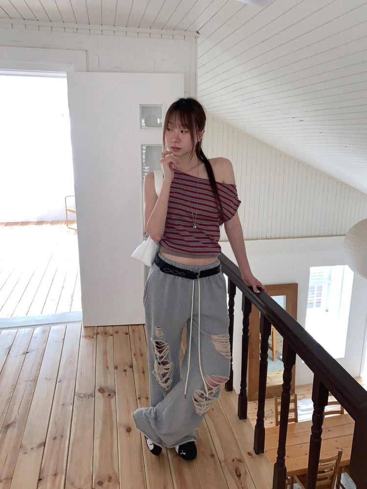 美肩撞色條紋束口細節上衣