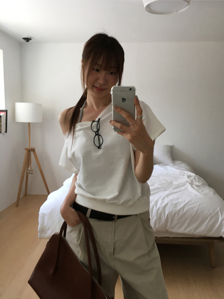 側露肩修腰休閒上衣