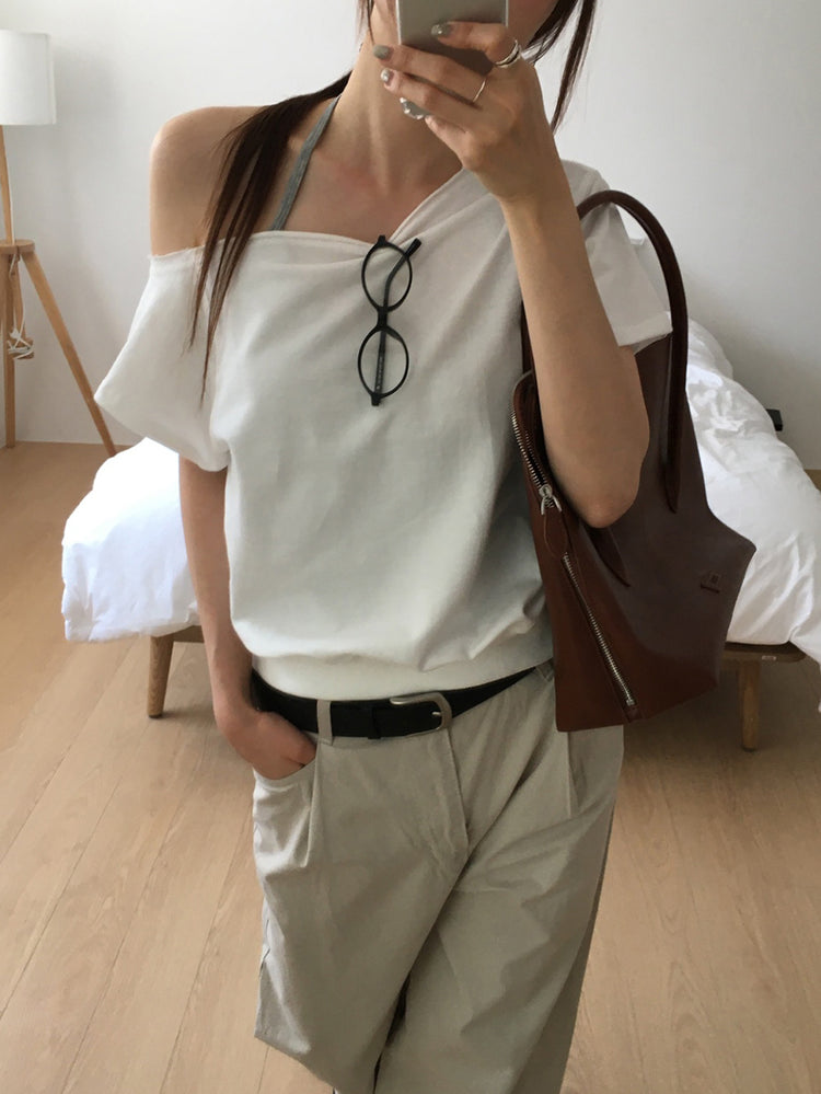 側露肩修腰休閒上衣