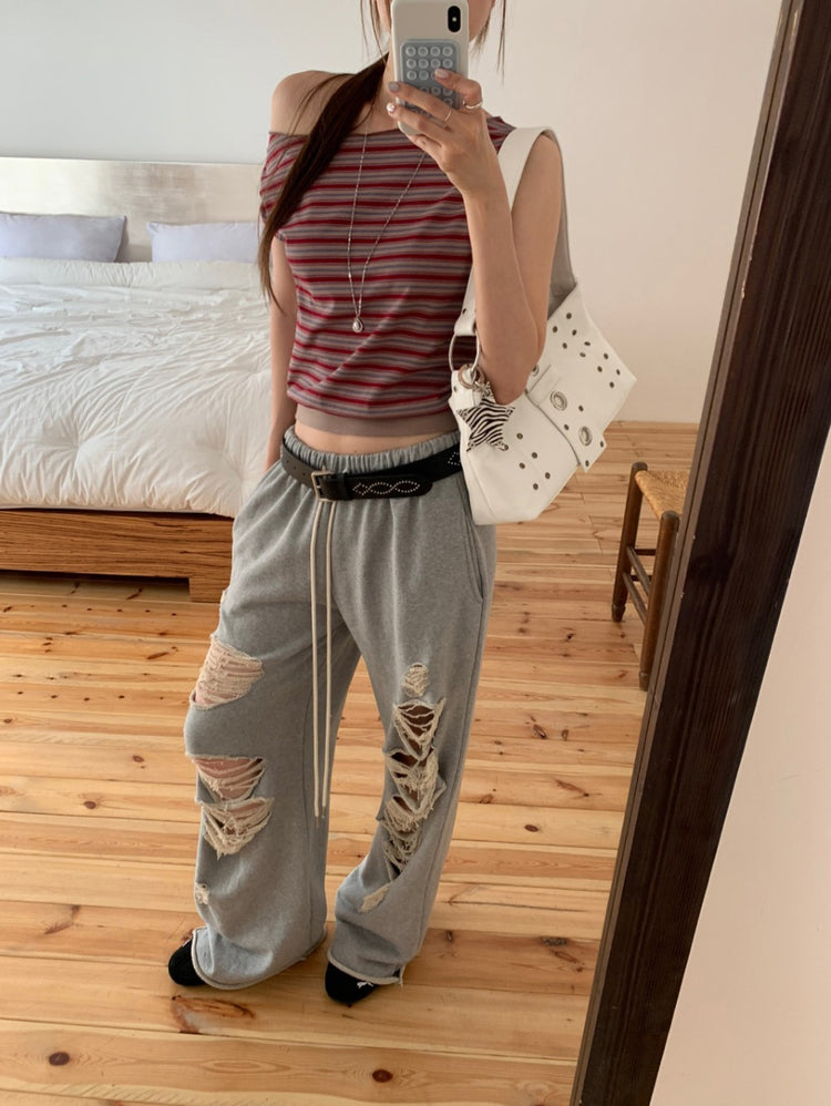 美肩撞色條紋束口細節上衣