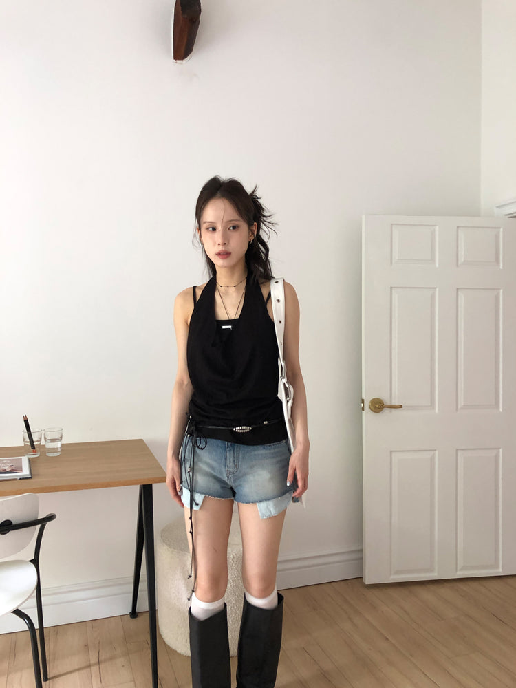 金屬顆粒設計感綁繩皮帶