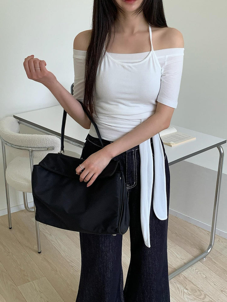 美肩掛脖綁帶兩件式上衣