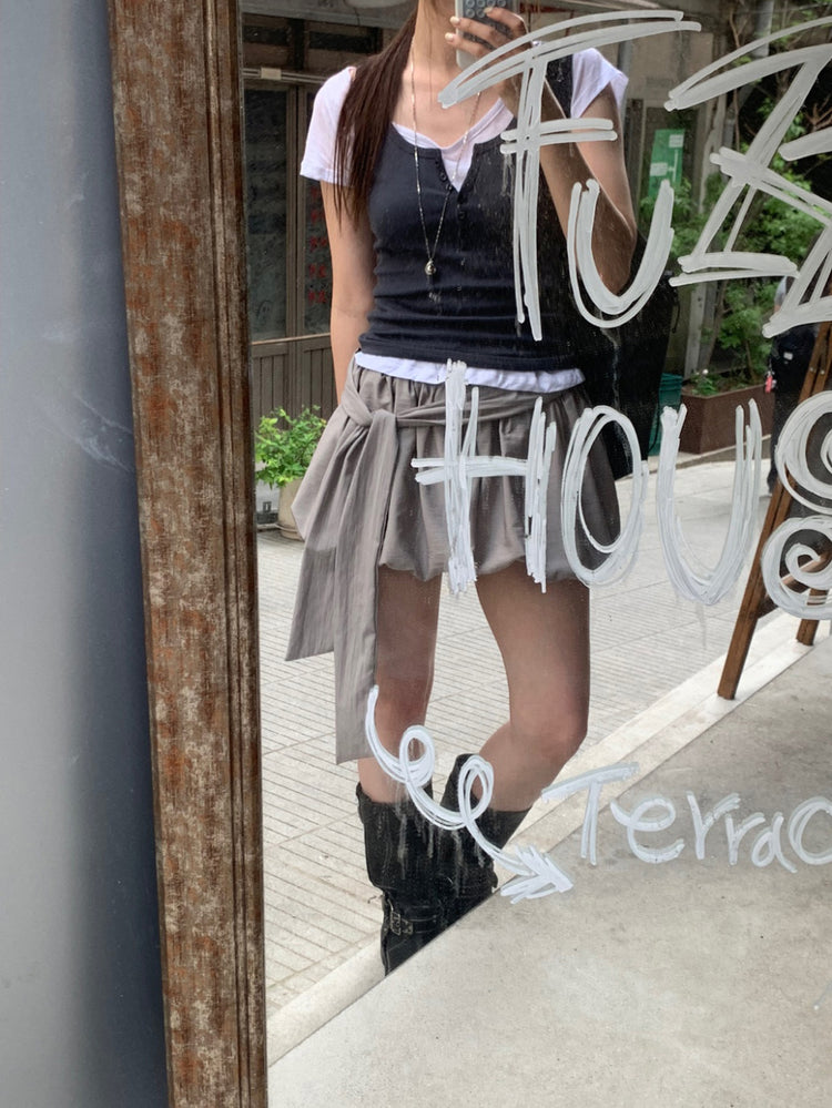 微透U領修腰上衣