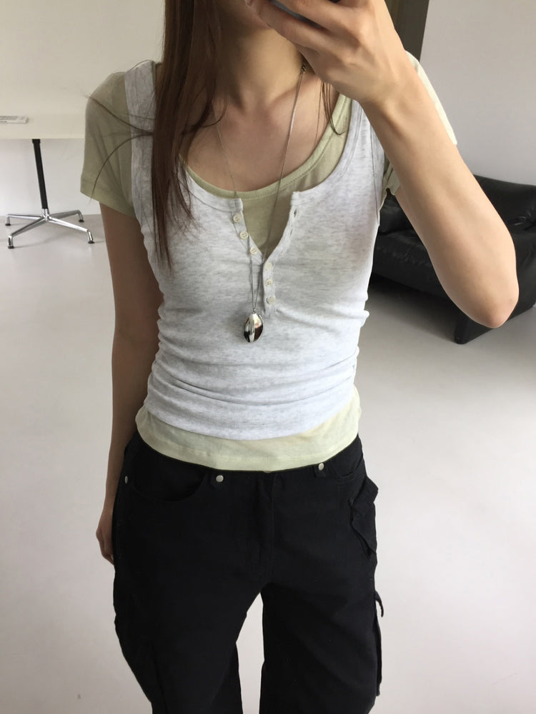 微透U領修腰上衣