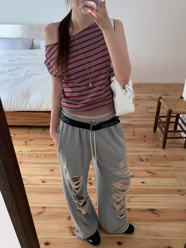 美肩撞色條紋束口細節上衣