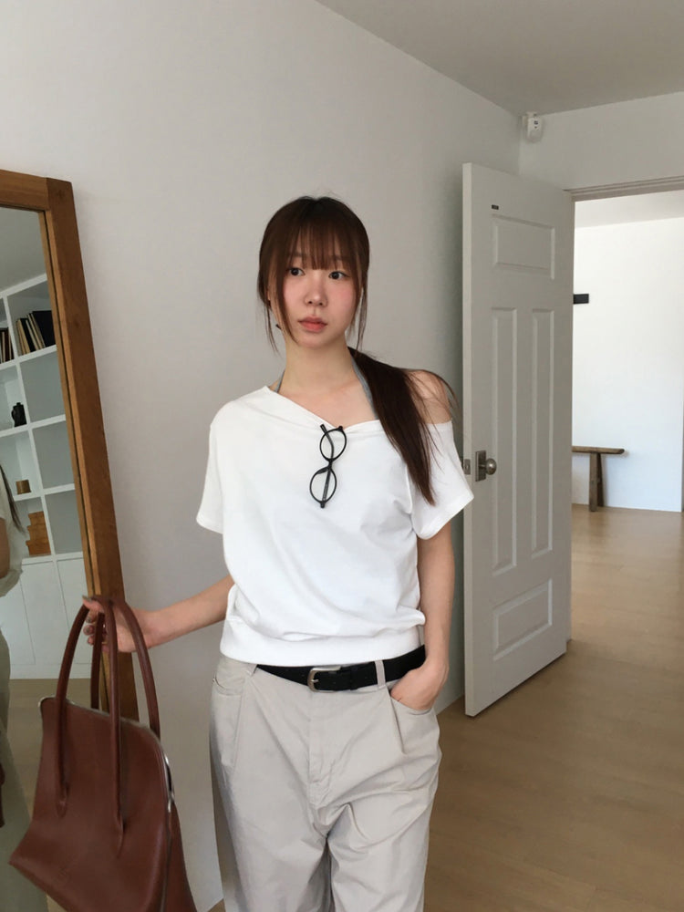 側露肩修腰休閒上衣