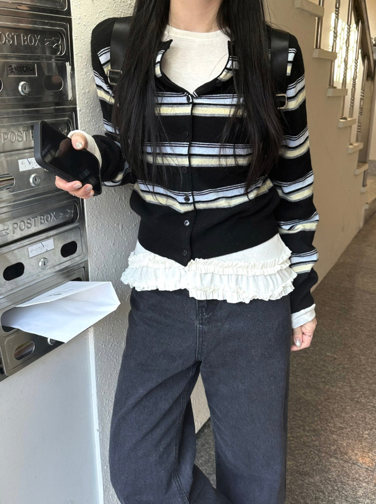 撞色條紋排鈕針織衫