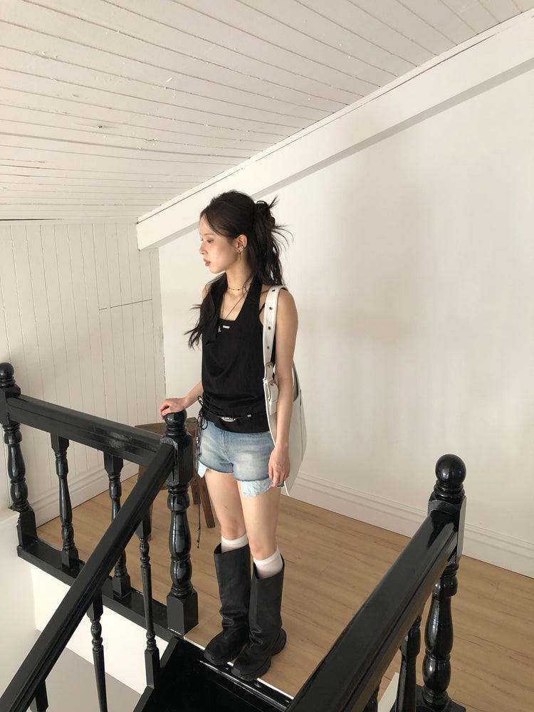 微透垂領綁帶細節上衣