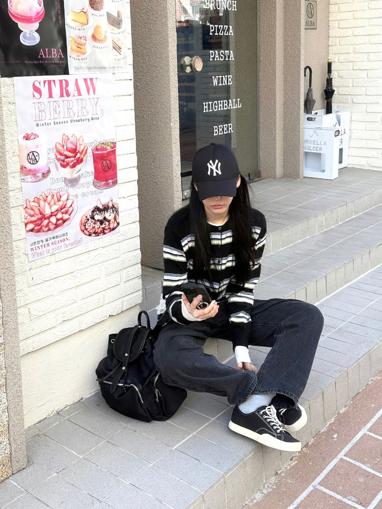 撞色條紋排鈕針織衫