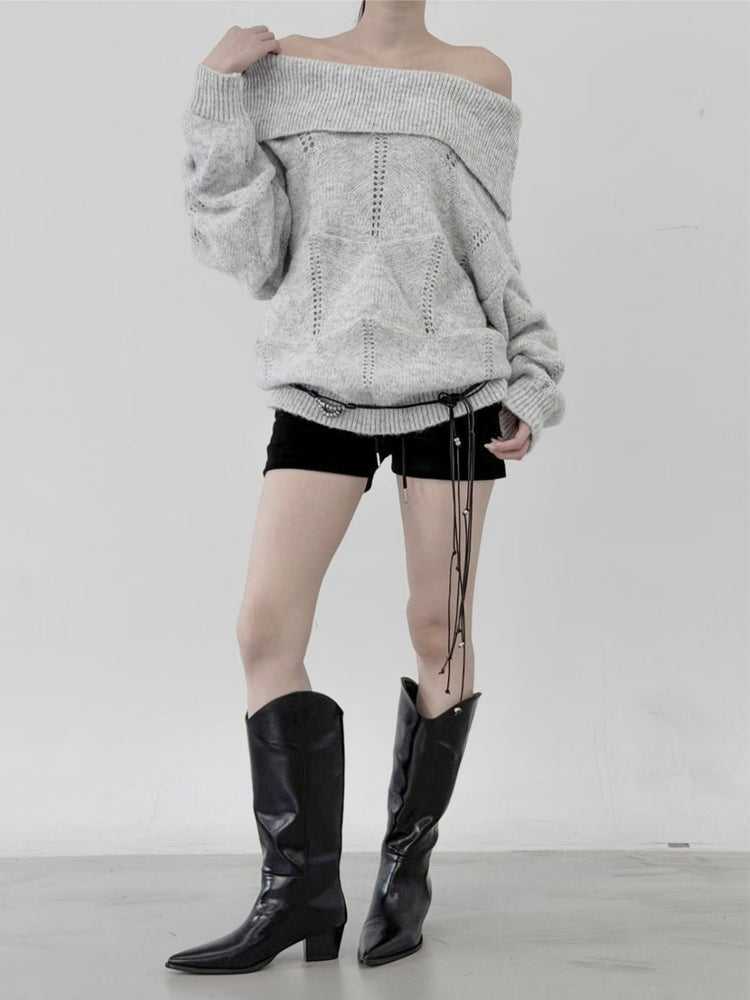 美肩紋理縷空紋理細節毛衣