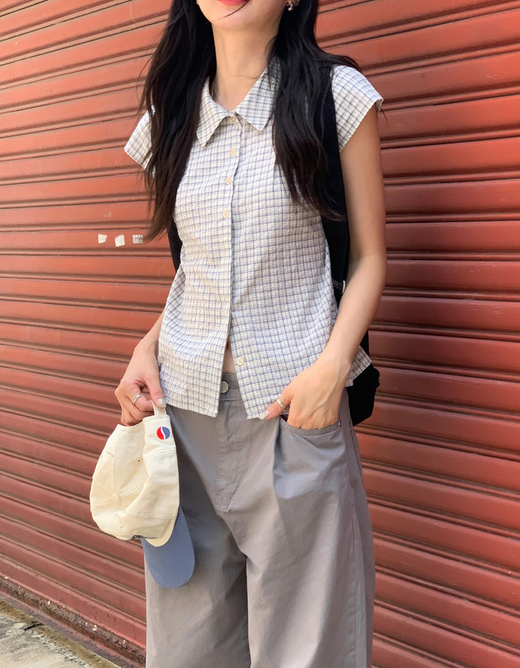 格紋飛袖修腰襯衫