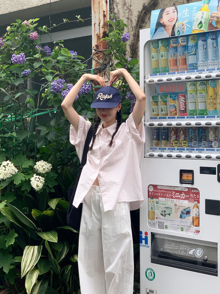 高質條紋寬鬆短袖襯衫