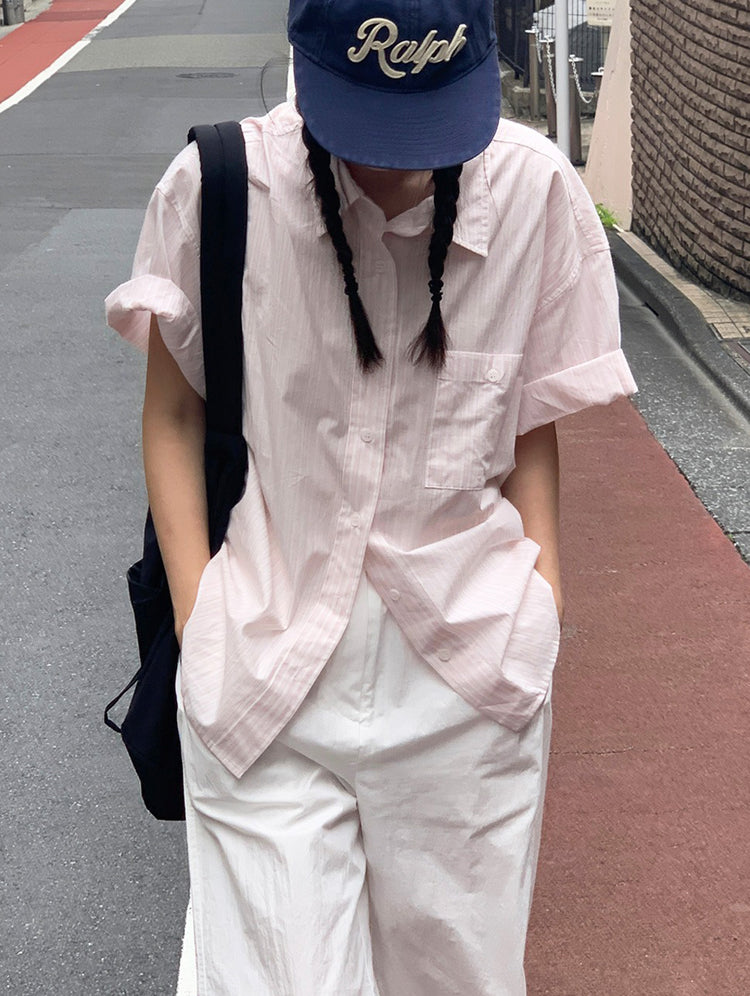 高質條紋寬鬆短袖襯衫