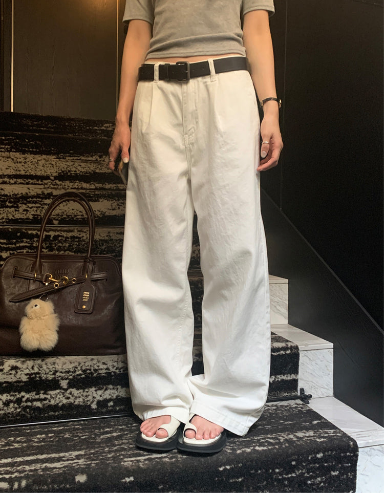 簡約單褶棉質直腿褲