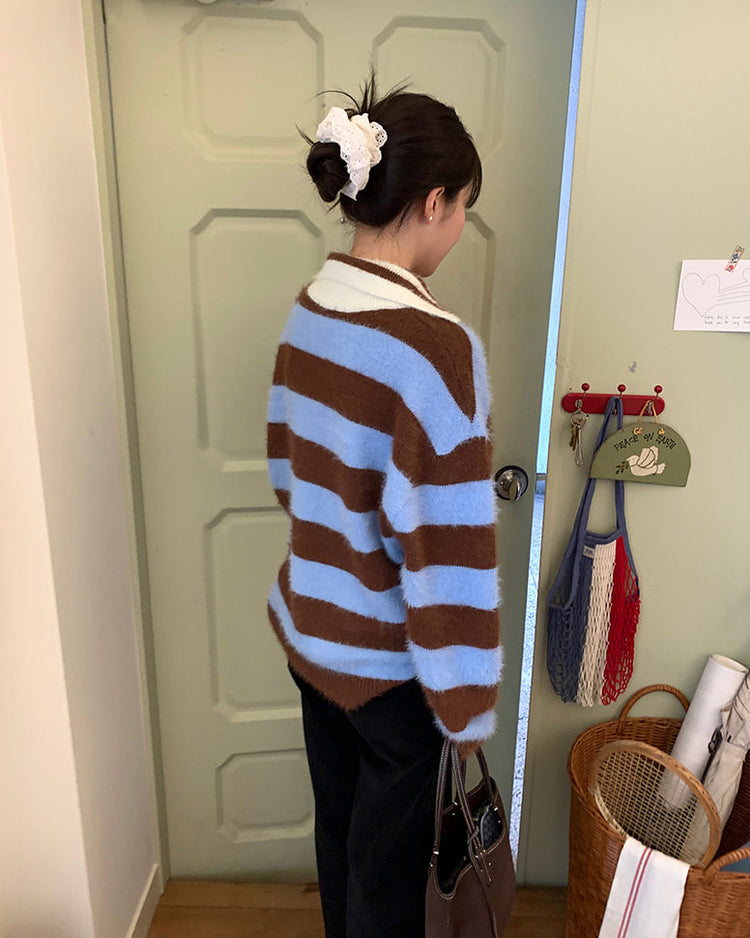 (現)美色粗條紋毛絨質感毛衣