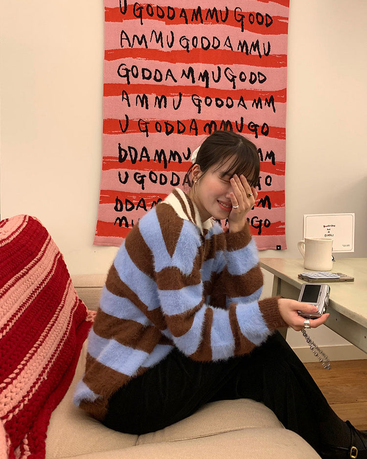 (現)美色粗條紋毛絨質感毛衣
