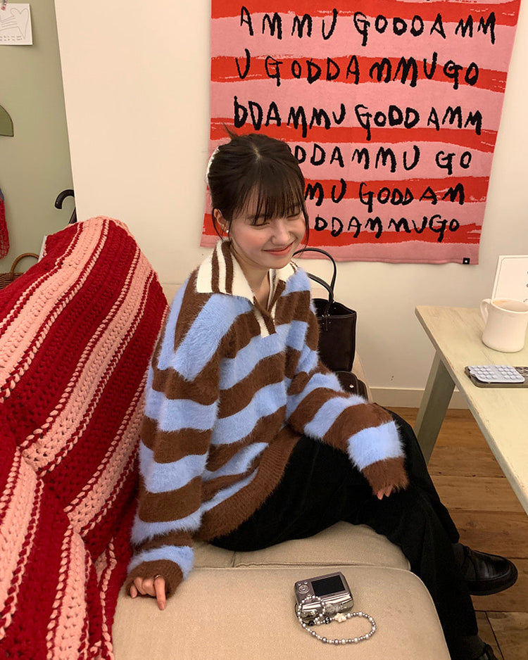 (現)美色粗條紋毛絨質感毛衣