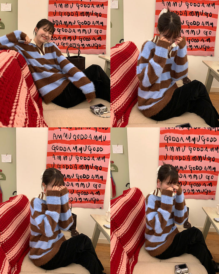 (現)美色粗條紋毛絨質感毛衣