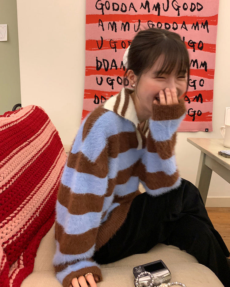 (現)美色粗條紋毛絨質感毛衣