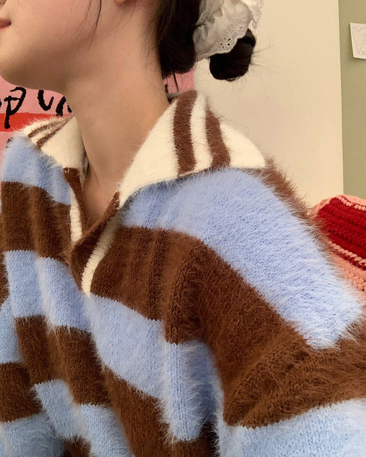 (現)美色粗條紋毛絨質感毛衣