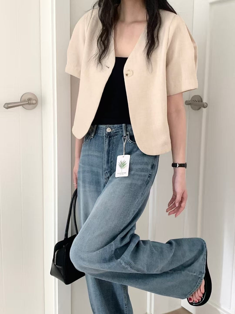 復古亞麻垂感牛仔褲
