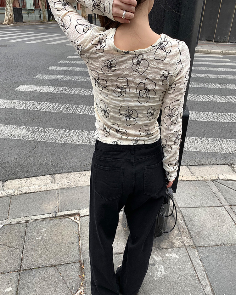 撞色皺褶花紋理上衣