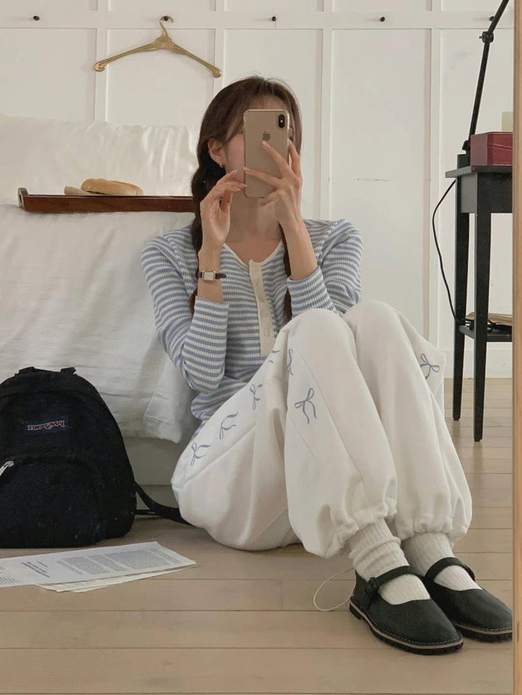 (現)Ribbon側前壓線細節棉褲