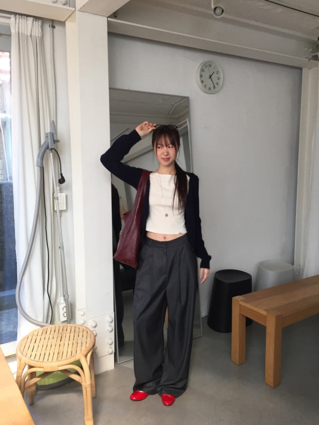 高質條紋壓褶垂感直褲