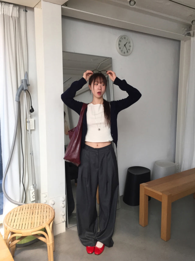 高質條紋壓褶垂感直褲