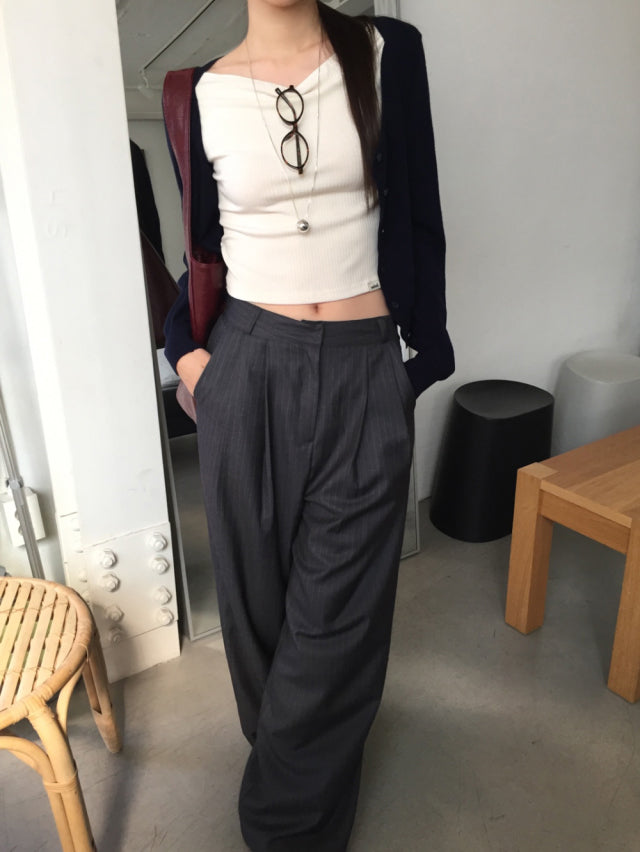 高質條紋壓褶垂感直褲
