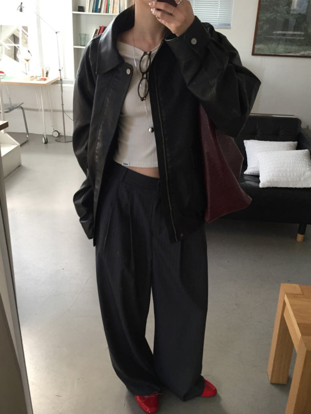 高質條紋壓褶垂感直褲
