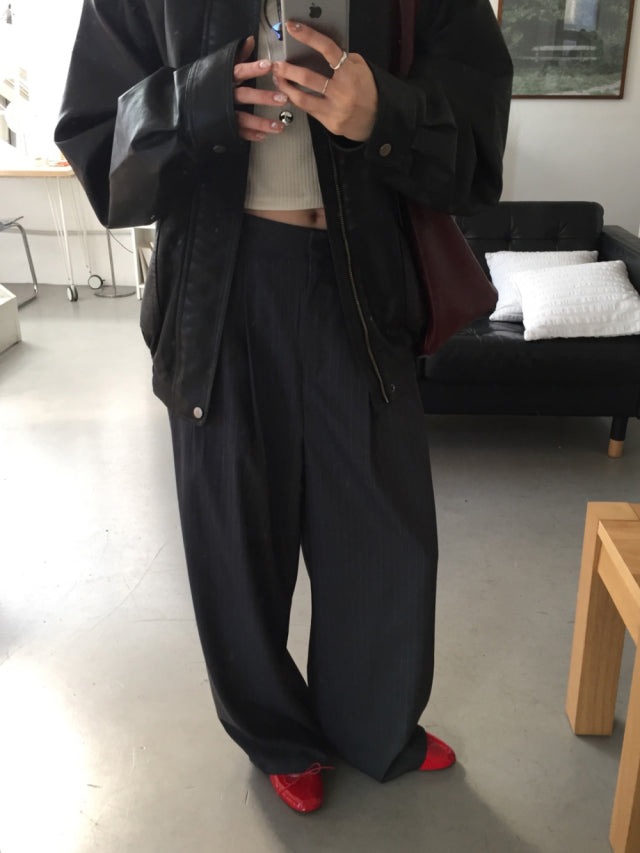 高質條紋壓褶垂感直褲