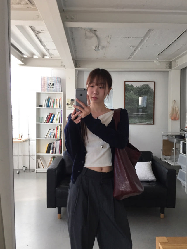 高質條紋壓褶垂感直褲