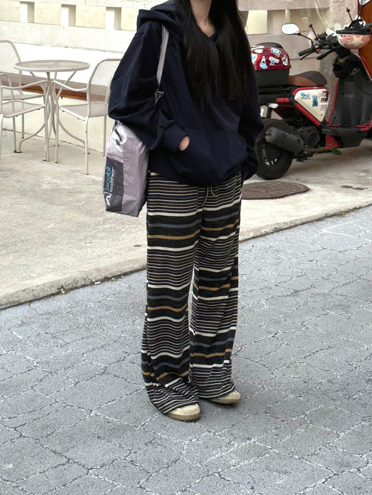 復古撞色條紋休閒直褲