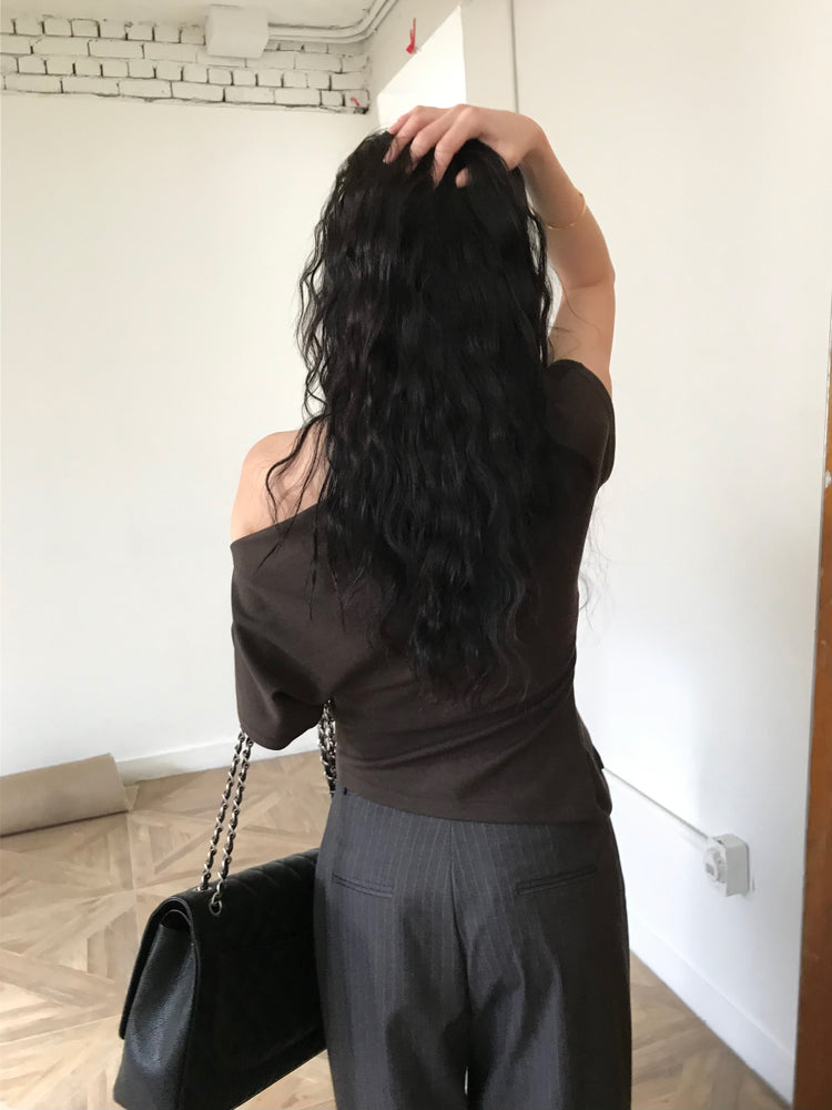 美肩抓皺細節不對稱上衣