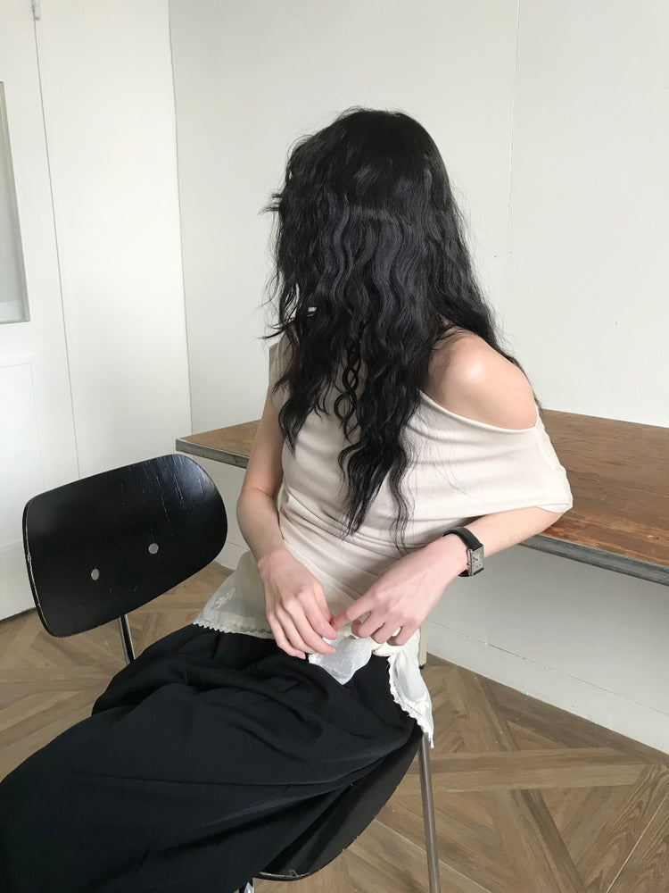 美肩抓皺細節不對稱上衣