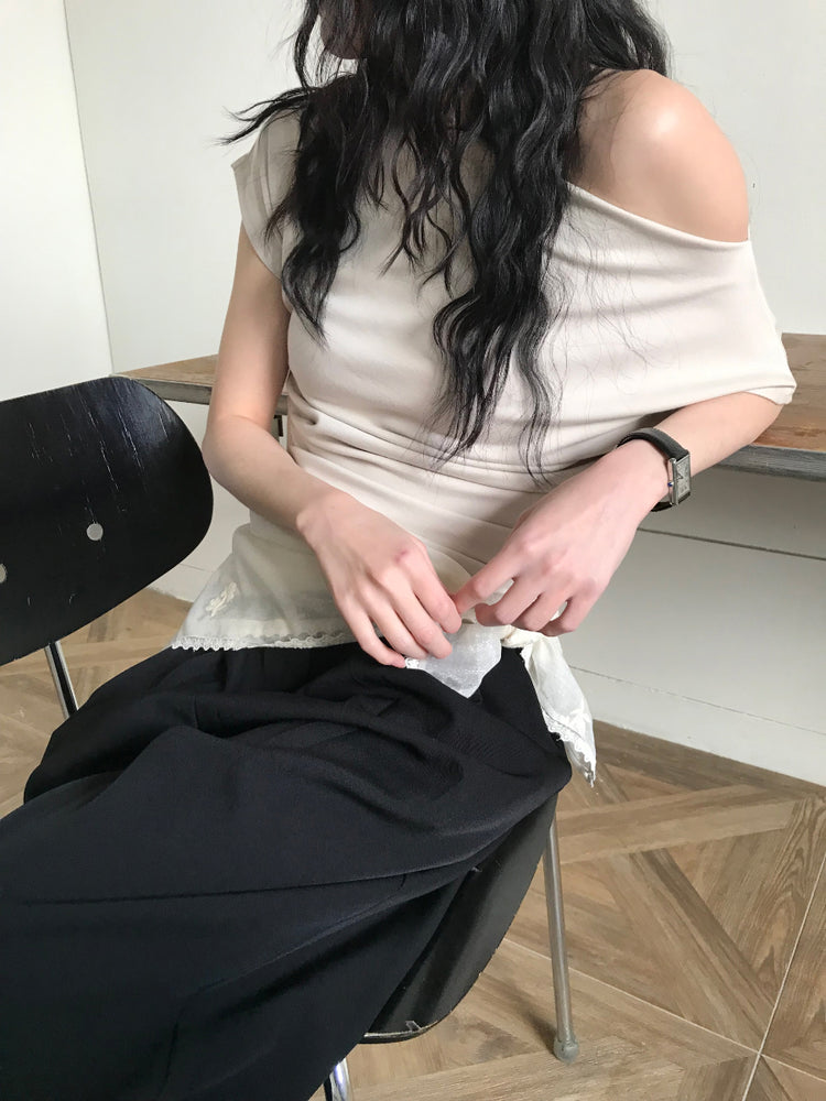 美肩抓皺細節不對稱上衣