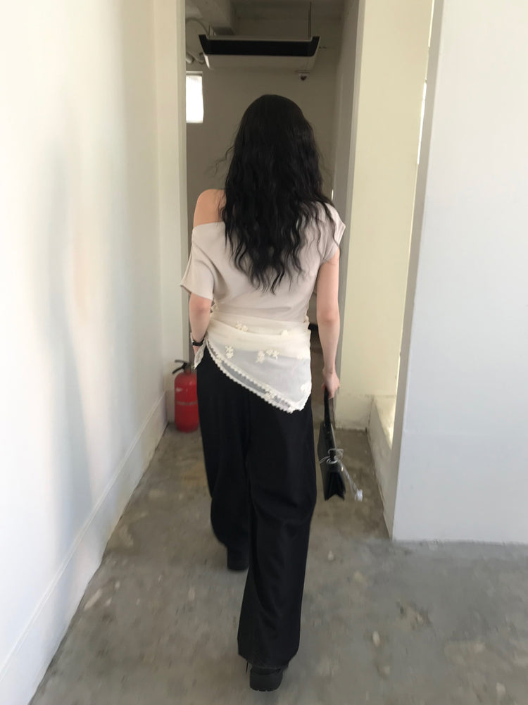美肩抓皺細節不對稱上衣