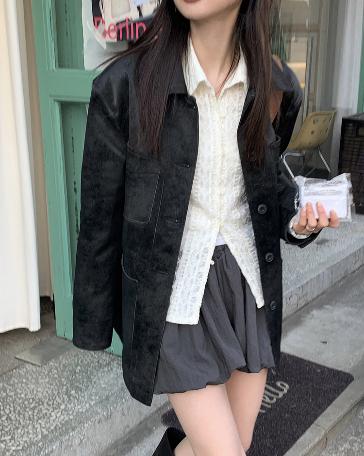 透膚蕾絲翻領修腰上衣