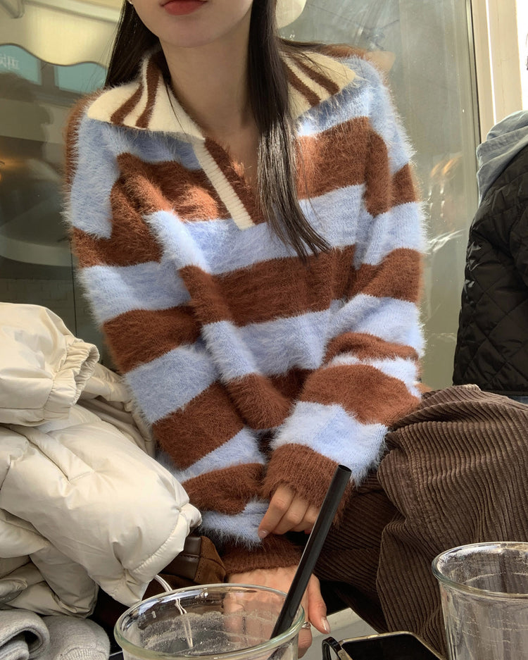(現)美色粗條紋毛絨質感毛衣