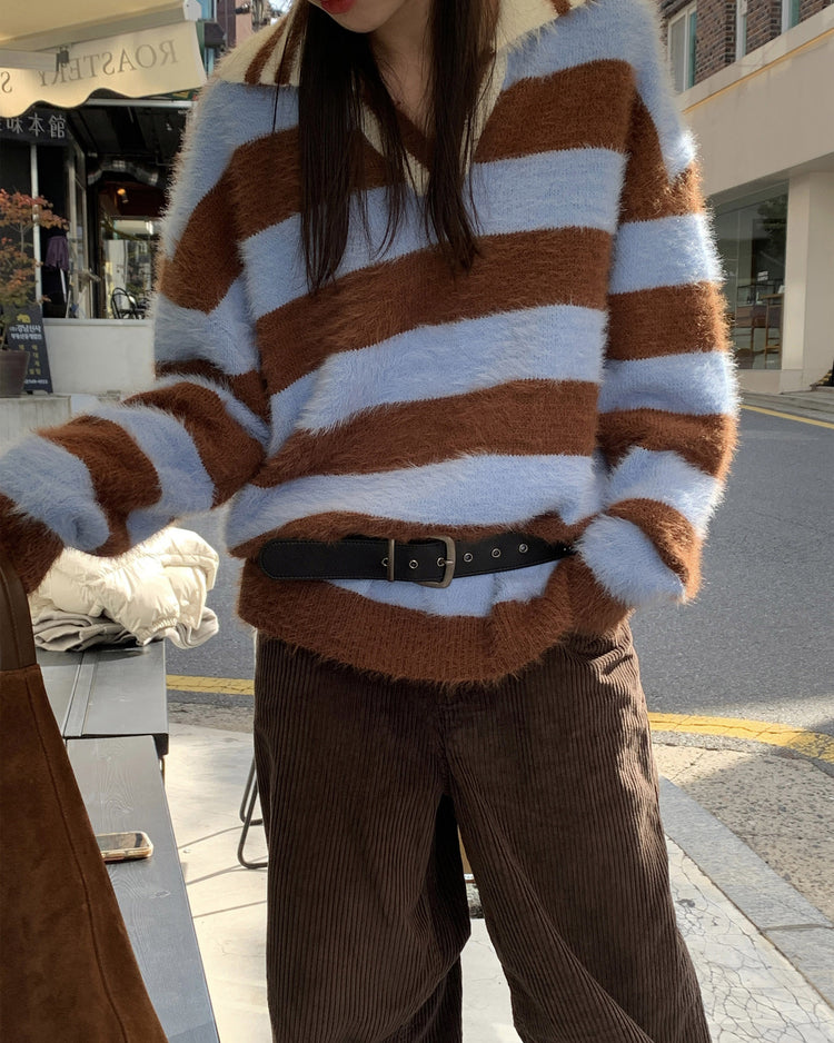 (現)美色粗條紋毛絨質感毛衣