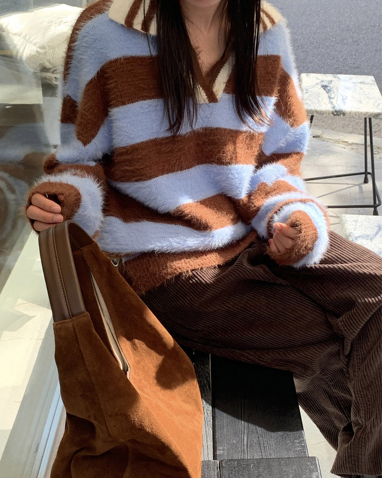 (現)美色粗條紋毛絨質感毛衣