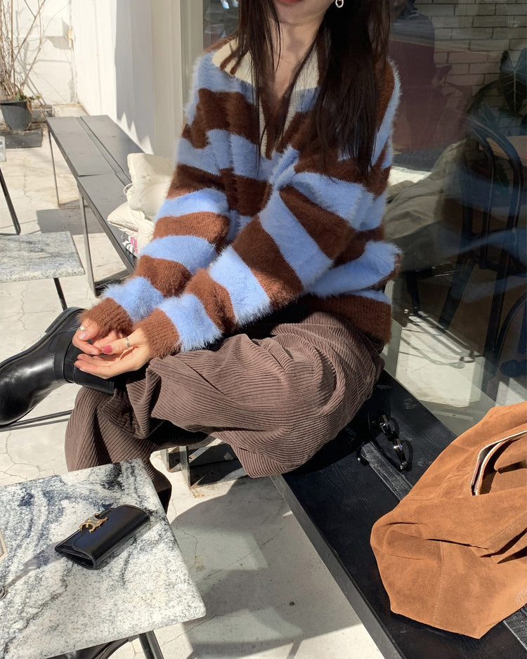 (現)美色粗條紋毛絨質感毛衣