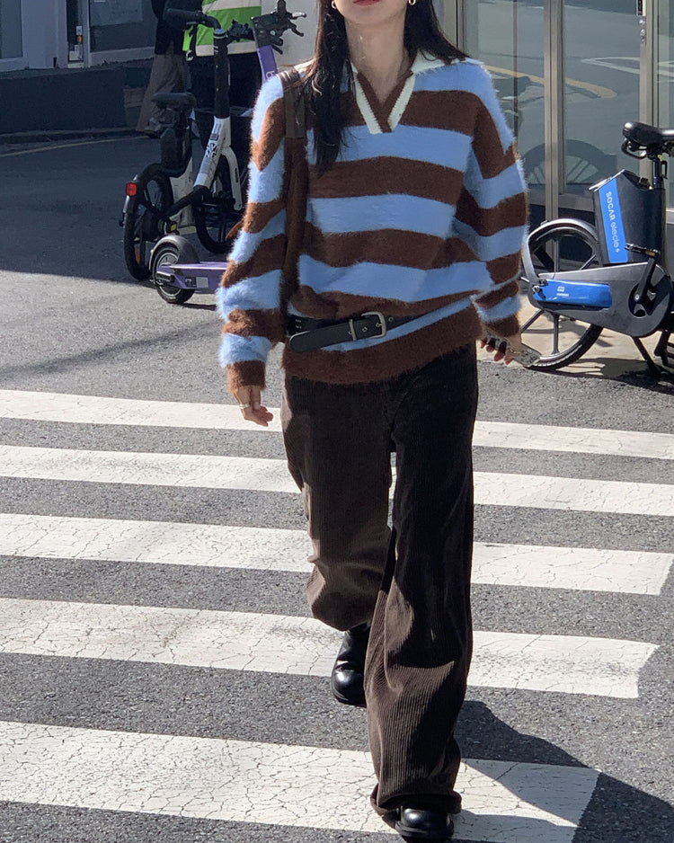(現)美色粗條紋毛絨質感毛衣