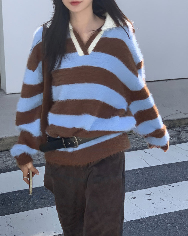 (現)美色粗條紋毛絨質感毛衣